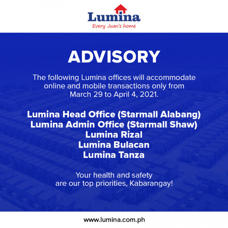 List of Lumina Homes Offices under ECQ in NCR Plus Bubble